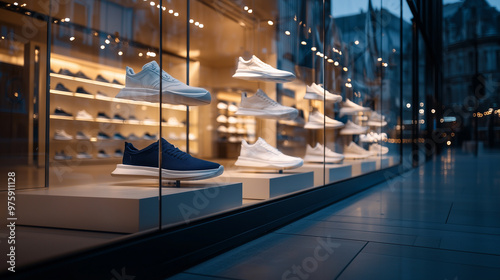 A shoe store facade at night, featuring glowing lights and vibrant illumination showcasing a range of shoes in an engaging storefront setup. photo photo