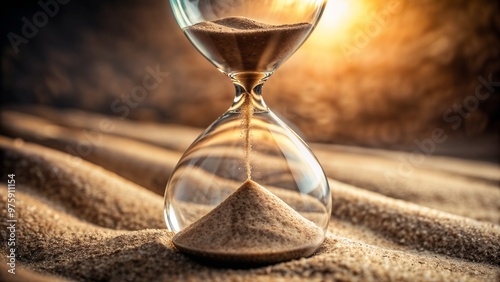 Stunning hourglass capturing the flow of time with golden sand and warm light photo