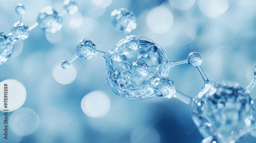 Translucent light blue water molecules are depicted in macro detail, showcasing crystal-clear spheres and floating bubbles in a soft-focus, scientific visualization. Translucent light blue water molecules are depicted in macro detail, showcasing crystal-clear spheres and floating bubbles in a soft-focus, scientific visualization.