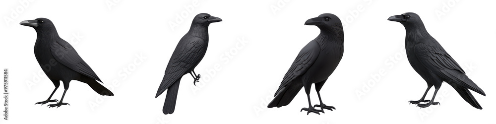 Fototapeta premium A detailed illustration of four different stylized black ravens showcasing unique postures and angles, perfect for design projects.