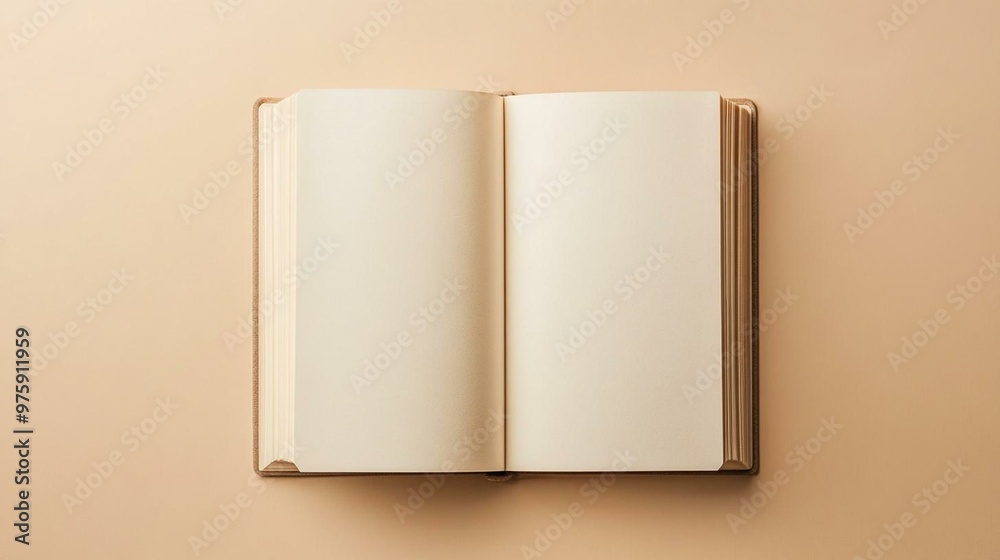 Open blank hardcover book with cream pages on a beige background. Flat lay composition with copy space. Open blank hardcover book with cream pages on a beige background. Flat lay composition with copy space.