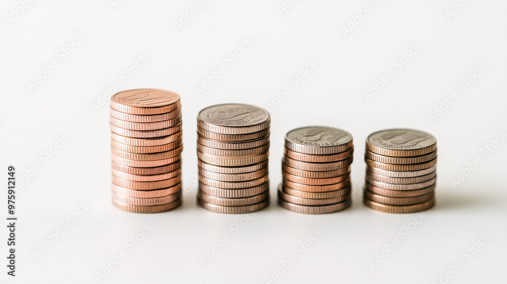 Neat stacks of coins arranged in an orderly fashion, set against a clean white background to emphasize their value and organization. photo Neat stacks of coins arranged in an orderly fashion, set against a clean white background to emphasize their value and organization. photo