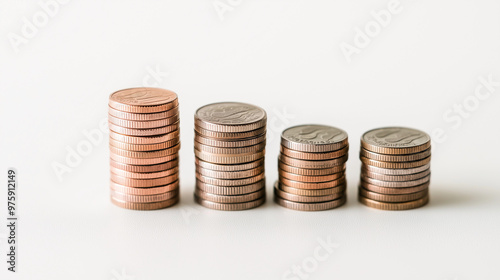 Neat stacks of coins arranged in an orderly fashion, set against a clean white background to emphasize their value and organization. photo