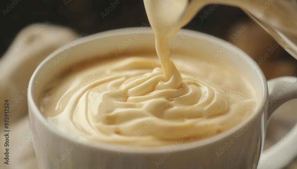 Smooth cream being poured into a coffee cup close-up slow motion effect Smooth cream being poured into a coffee cup close-up slow motion effect