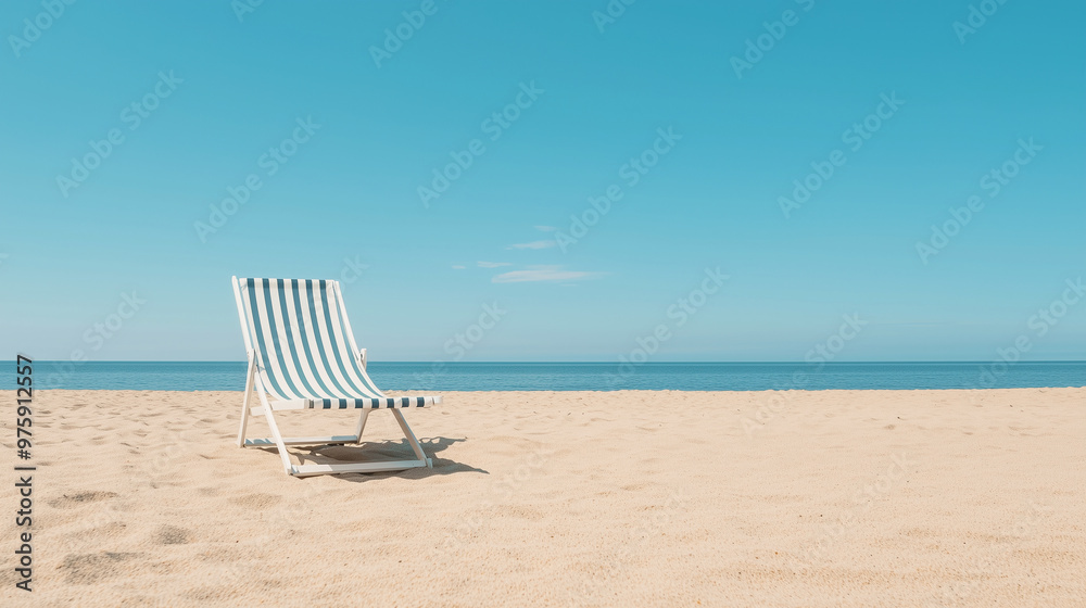 A single striped chaise lounge on a sunlit sandy beach, emphasizing a bright and cheerful spot for relaxation by the sea. photo A single striped chaise lounge on a sunlit sandy beach, emphasizing a bright and cheerful spot for relaxation by the sea. photo