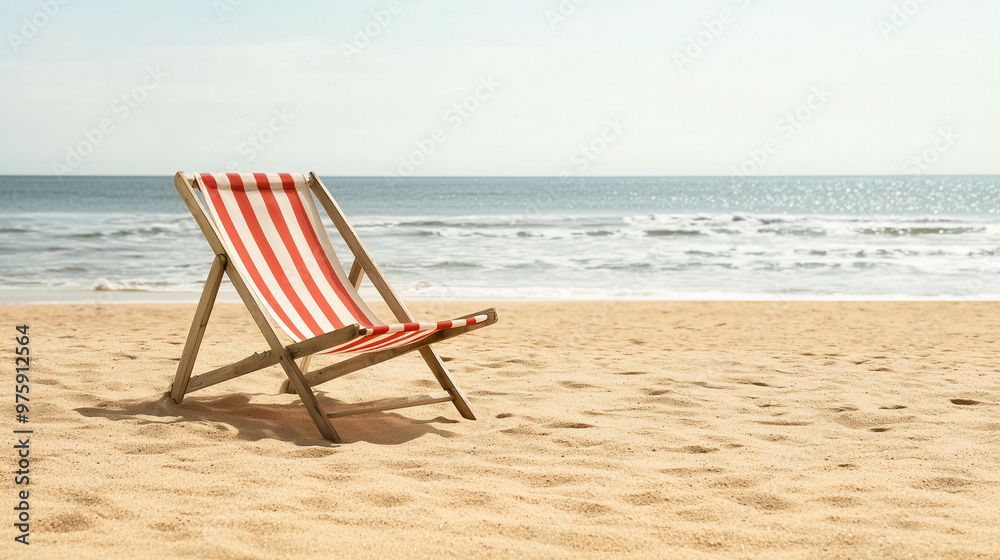 A single striped chaise lounge on a sunlit sandy beach, emphasizing a bright and cheerful spot for relaxation by the sea. photo A single striped chaise lounge on a sunlit sandy beach, emphasizing a bright and cheerful spot for relaxation by the sea. photo