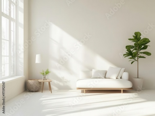Simple minimalist room with clean lines and modern decor wide angle bright light