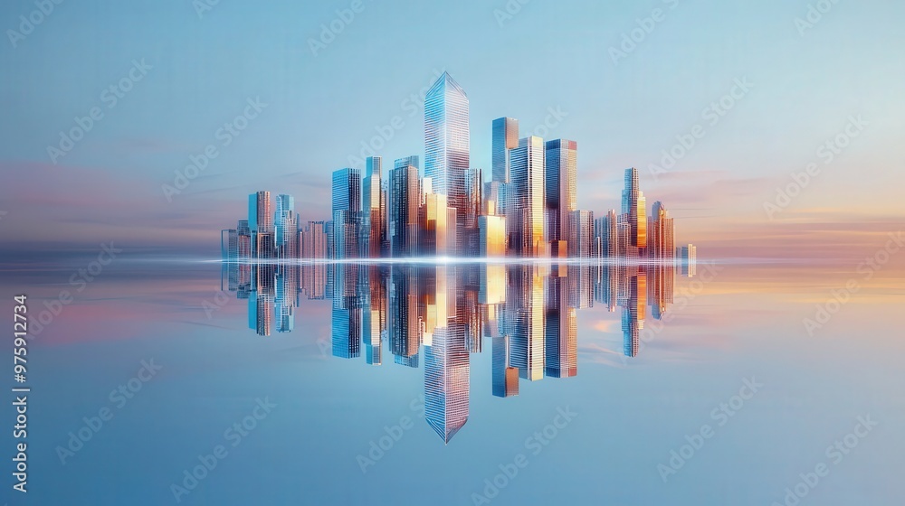 Fototapeta premium A silver bar with a reflection of city skyscrapers, symbolizing urban wealth