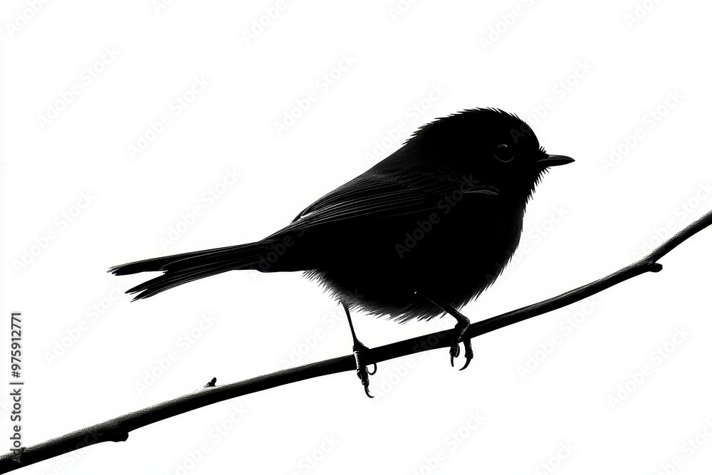 Black silhouette of a bird perched on a branch on a white background. Black silhouette of a bird perched on a branch on a white background.