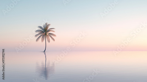 An artistic representation of a tropical island with a lone palm tree, evoking a sense of relaxation and exotic beauty. photo