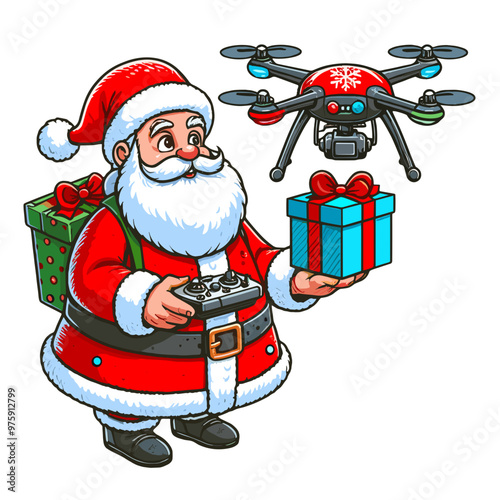 New Year and Christmas art, Funny Santa sends a gift by drone, colored vector, isolated, transparent background