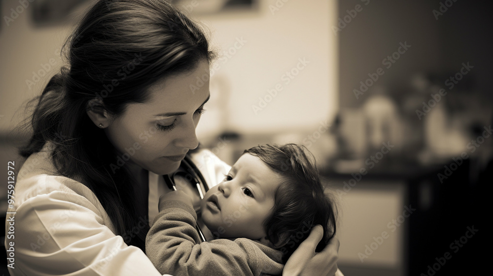 Caring doctor holding a baby closely, showing compassion in a sepia-toned image. Caring doctor holding a baby closely, showing compassion in a sepia-toned image.