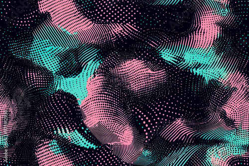 Glitch distorted grungy abstract forms . Cyber punk seamless pattern texture. Halftone dots. Futuristic background. photo