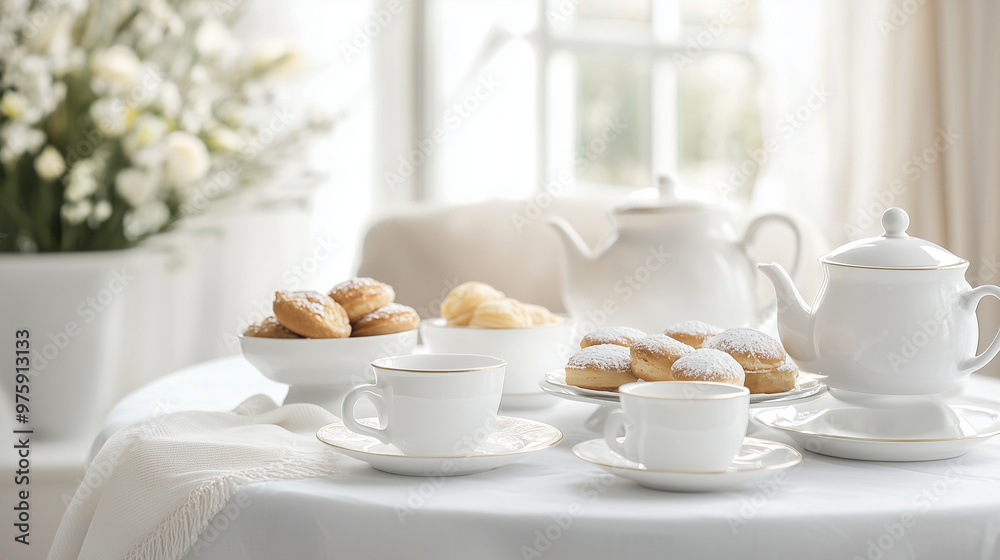 An elegant tea party setting with fine china, delicate pastries, and beautifully arranged teacups on a white background, showcasing sophistication and style. photo An elegant tea party setting with fine china, delicate pastries, and beautifully arranged teacups on a white background, showcasing sophistication and style. photo