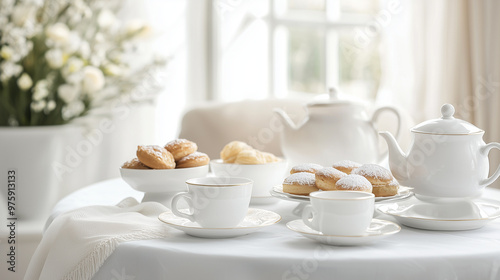 An elegant tea party setting with fine china, delicate pastries, and beautifully arranged teacups on a white background, showcasing sophistication and style. photo