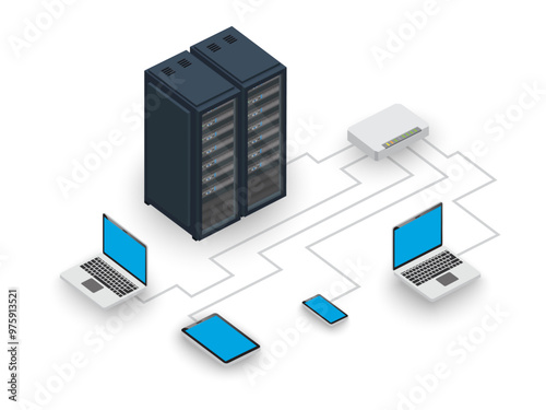 Computer Network diagram. Cloud computing big data. Server Rack.