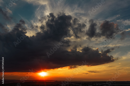 Colourful landscape of beautiful sunset or sunrise with cloudy sky. Natural abstract background.