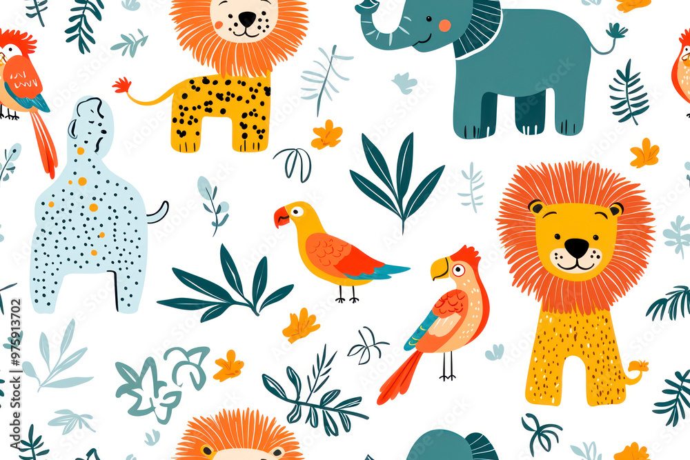 Obraz premium Seamless pattern with African animals, and plants.Lion, elephant, giraffe, parrot.