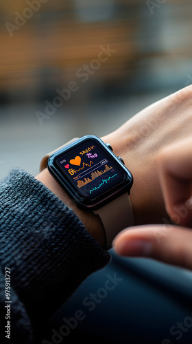Person using a smartwatch with heart rate monitor app photo