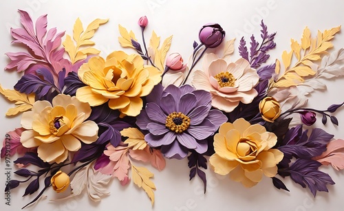 a painting of purple and yellow flowers on a white and pink background with a yellow and purple flower on the right side of the frame.