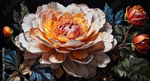 A realistic painting of a flower on a black background, showcasing intricate details and vibrant colors.