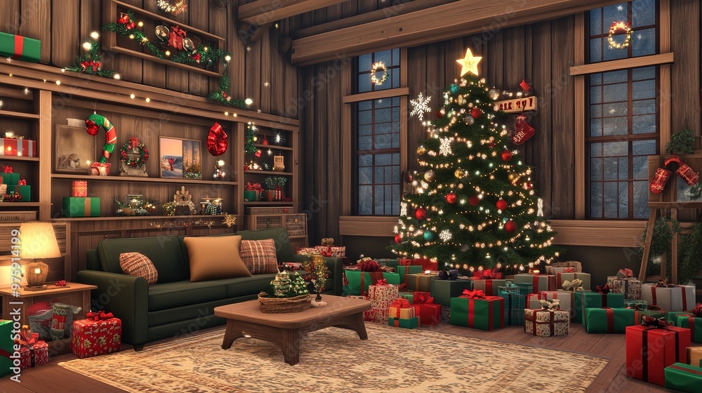 A cozy living room with a fully adorned Christmas tree, surrounded by presents and festive decorations A cozy living room with a fully adorned Christmas tree, surrounded by presents and festive decorations