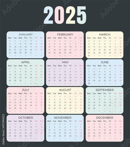 Calendar 2025 in Pastel colors, Clean and professional 2025 Calendar design week starts Monday	