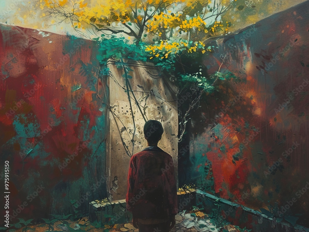 Obraz premium A young man stands in a room with red walls and a door overgrown with vines. Light streams through the door, illuminating the man.