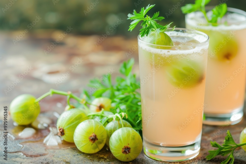 Fototapeta premium Refreshing gooseberry juice with fresh organic green gooseberries, perfect for a vitamin-packed summer detox drink
