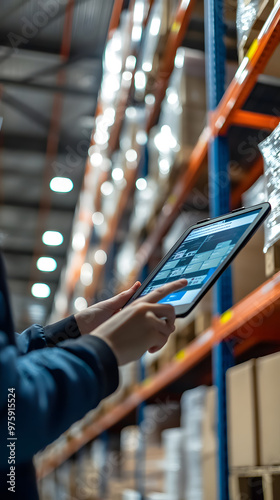 Employee managing stock using a tablet in warehouse