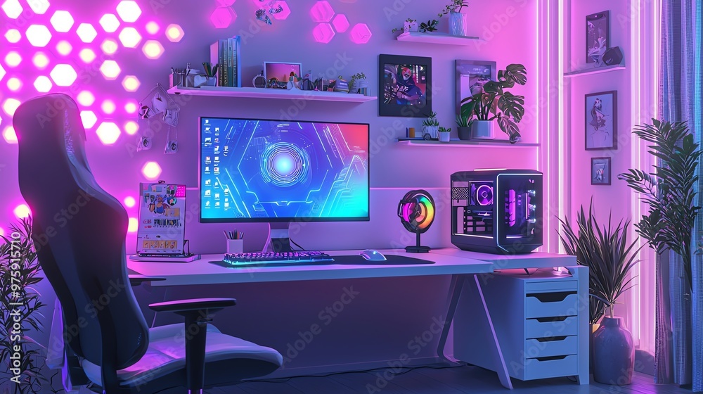 Modern gaming setup with RGB lighting, high-end computer, ergonomic chair, and stylish decor in a futuristic room.
