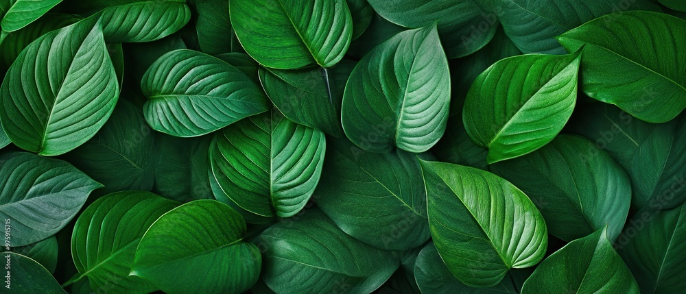 Lush green foliage background, close-up view of tropical plant leaves. Lush green foliage background, close-up view of tropical plant leaves.