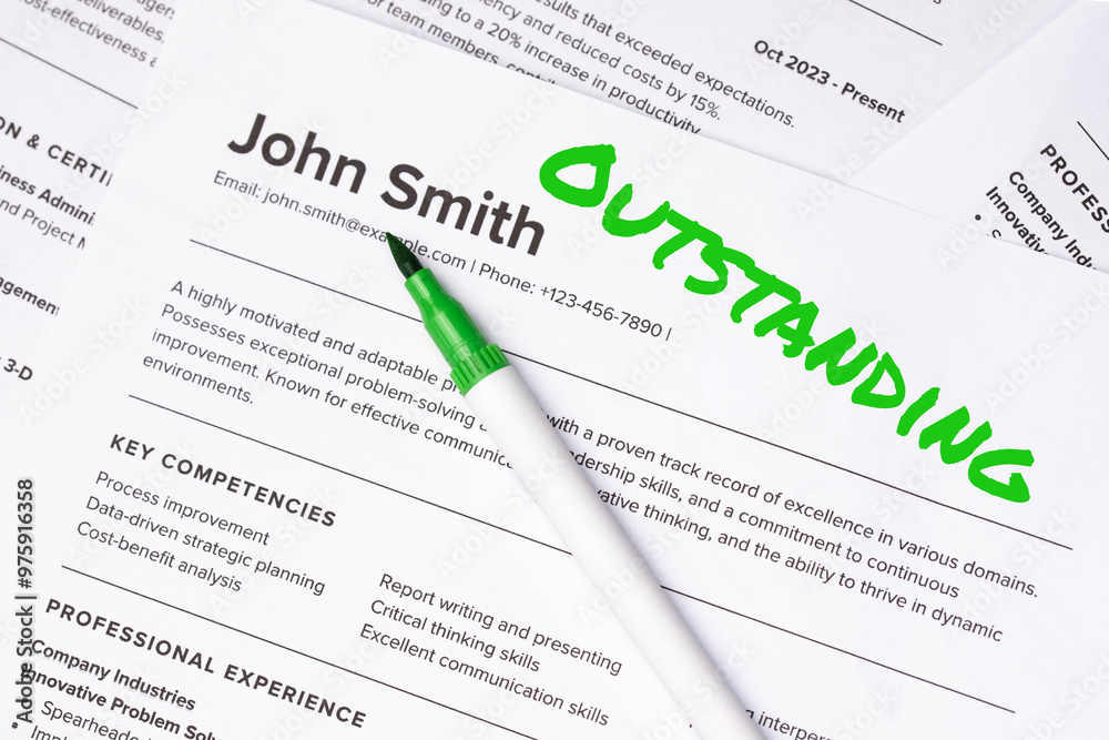 Fake mock CV (curriculum vitae) resume for John Smith, selected by HR as the perfect candidate for a job. Concept of job search, employee selection, recruitment process, work and hiring. Outstanding. Fake mock CV (curriculum vitae) resume for John Smith, selected by HR as the perfect candidate for a job. Concept of job search, employee selection, recruitment process, work and hiring. Outstanding.