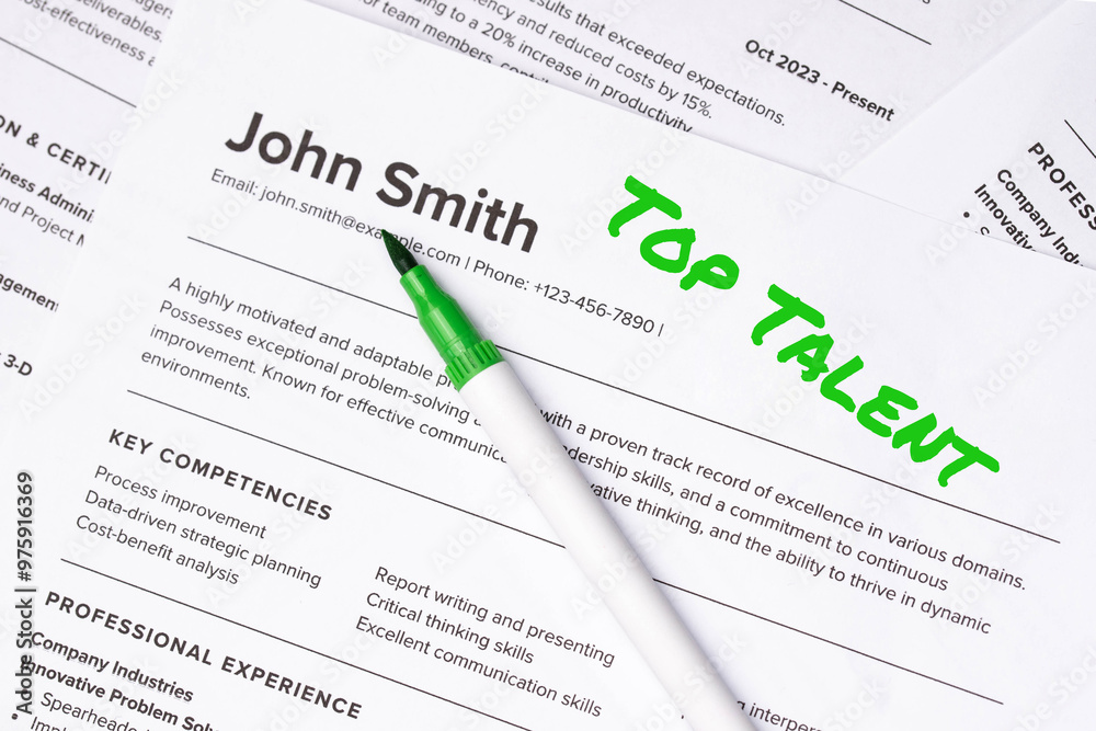 Fake mock CV (curriculum vitae) resume for John Smith, selected by HR as the perfect candidate for a job. Concept of job search, employee selection, recruitment process, work and hiring. Top Talent. Fake mock CV (curriculum vitae) resume for John Smith, selected by HR as the perfect candidate for a job. Concept of job search, employee selection, recruitment process, work and hiring. Top Talent.
