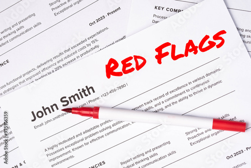 Fake mock CV (curriculum vitae) for John Smith, rejected by HR as not the right candidate. Concept of job search, hiring mismatch, recruitment process, and rejection. Red Flags