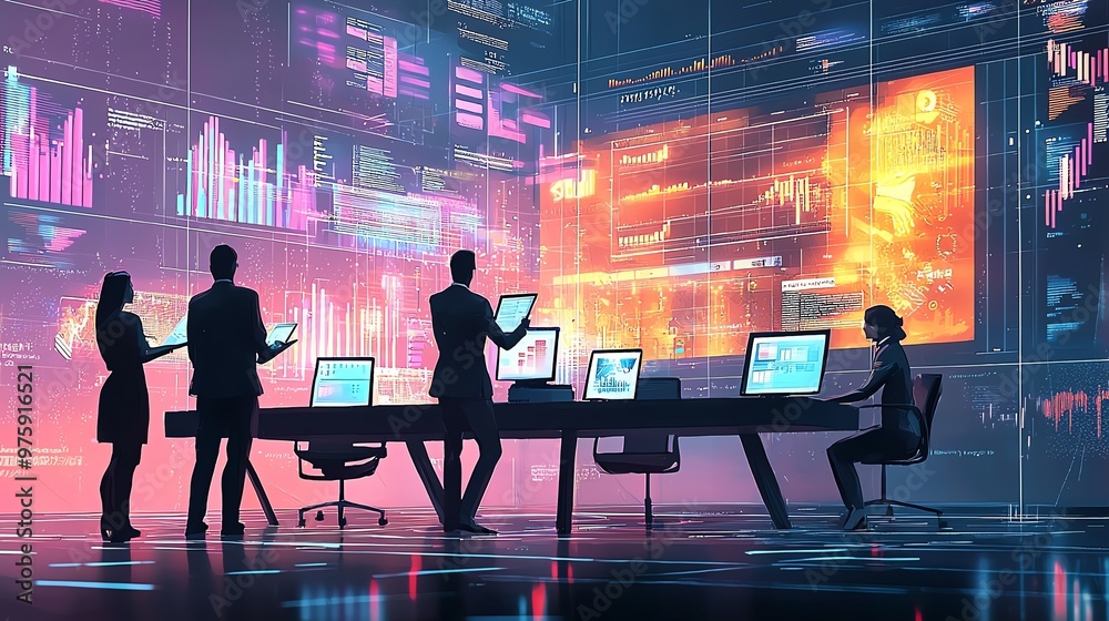 Team of professionals analyzing data on computer screens and large digital display in a high-tech office setting.