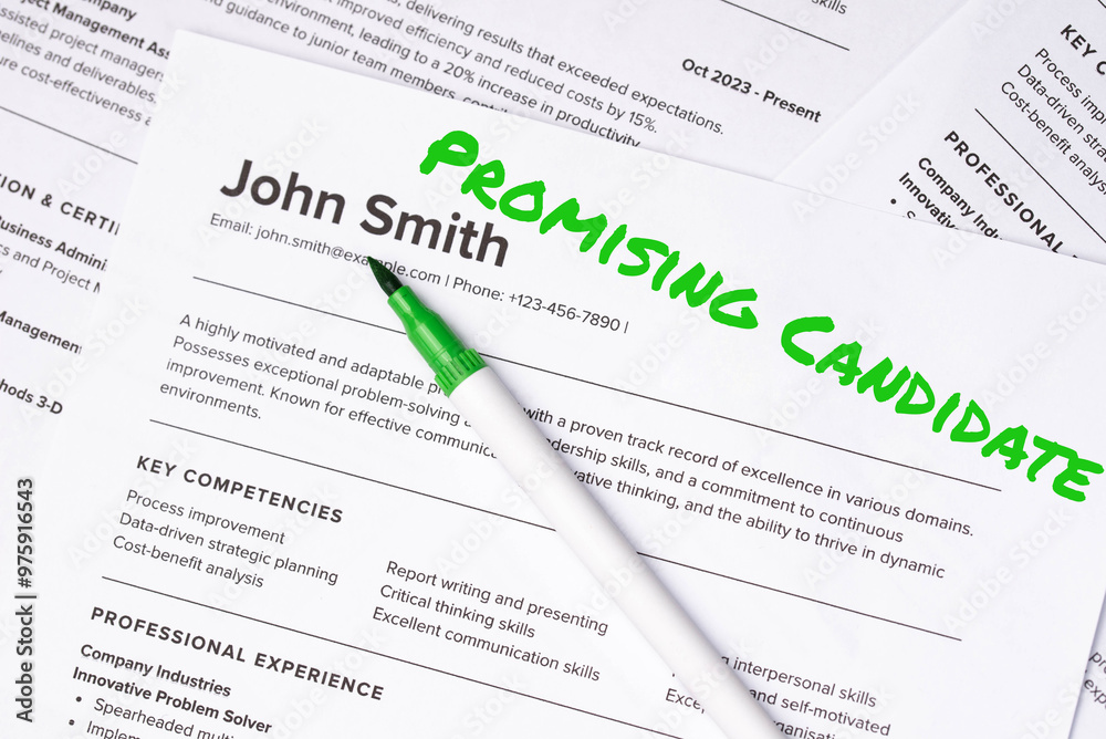 Fake mock CV curriculum vitae) resume for John Smith, selected by HR as perfect candidate for job. Concept of job search, employee selection recruitment process, work and hiring. Promising Candidate Fake mock CV curriculum vitae) resume for John Smith, selected by HR as perfect candidate for job. Concept of job search, employee selection recruitment process, work and hiring. Promising Candidate