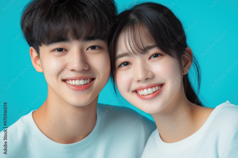 A studio close-up portrait of a young Asian couple wearing casual t-shirts, with a colourful background. A studio close-up portrait of a young Asian couple wearing casual t-shirts, with a colourful background.