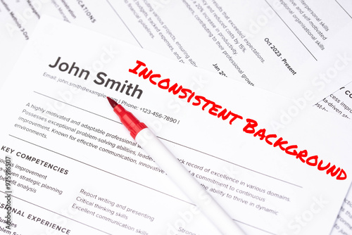 Fake mock CV (curriculum vitae) for John Smith, rejected by HR as not the right candidate. Concept of job search, hiring mismatch, recruitment process, and rejection. Inconsistent Background