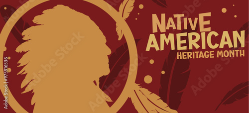 Native American Heritage Month banner. Silhouette of an old Native American man wearing a headdress