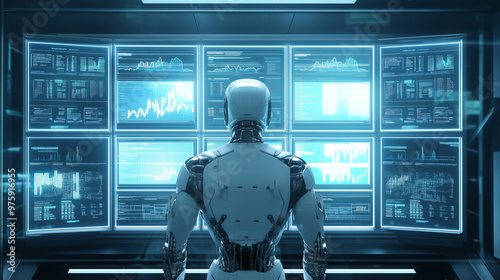 humanoid robot is looking on business-related display in neon blue lighting room