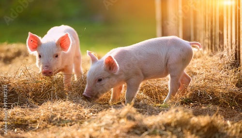 tiny piglets exploring a spring barnyard snuffling through hay and soft soil under the warm sun