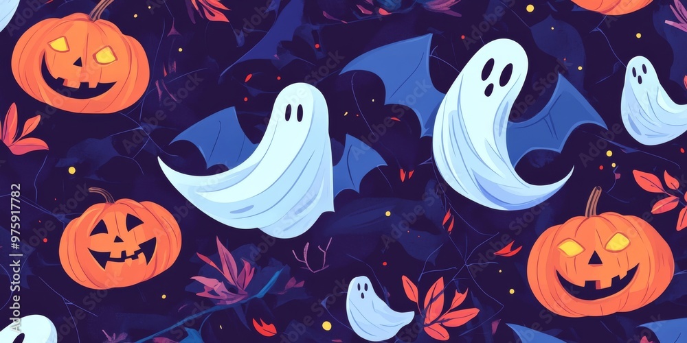 Fototapeta premium halloween seamless pattern of pumpkins and ghosts on dark background