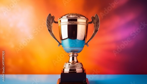 a shiny trophy stands proudly against a colorful background symbolizing achievement and victory in competitions and events photo