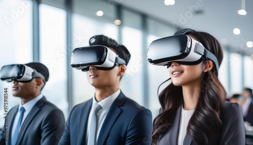 VRヘッドセットを装着したビジネススーツ姿の男性と女性が並んで座っている様子を捉えています。彼らはバーチャルリアリティを利用して、仕事や会議、プレゼンテーションなどの体験をしているように見えます。背景にはモダンなオフィス環境が広がり、未来的なテクノロジーの活用を強調しています。generative AI