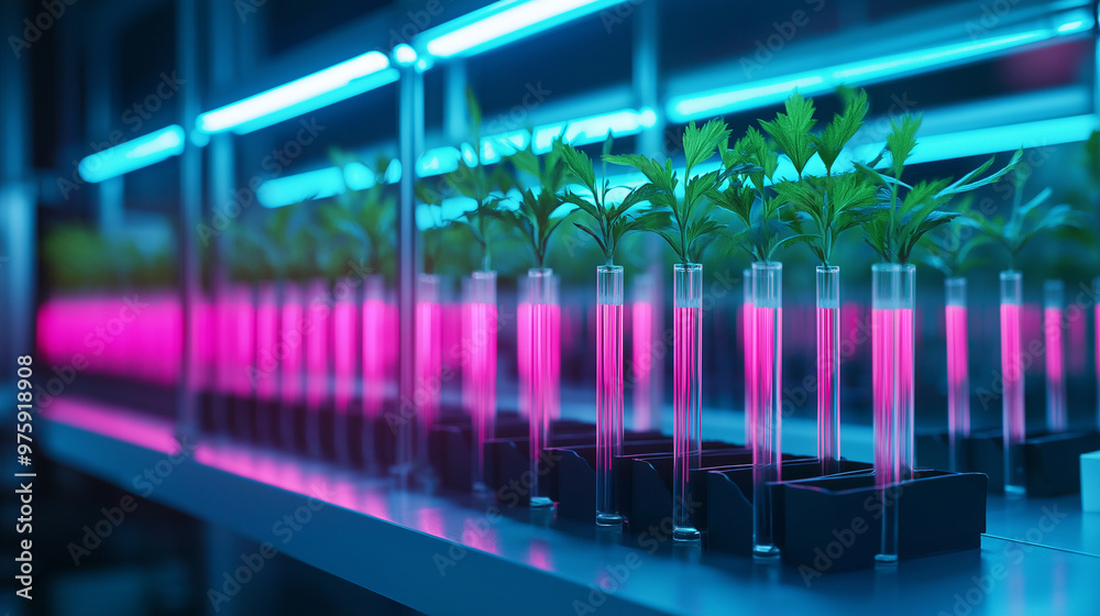 Test tubes with sprouting plants illuminated by dynamic colored lights, from neon pink to cool blue, representing the fusion of light technology and genetic engineering. Test tubes with sprouting plants illuminated by dynamic colored lights, from neon pink to cool blue, representing the fusion of light technology and genetic engineering.