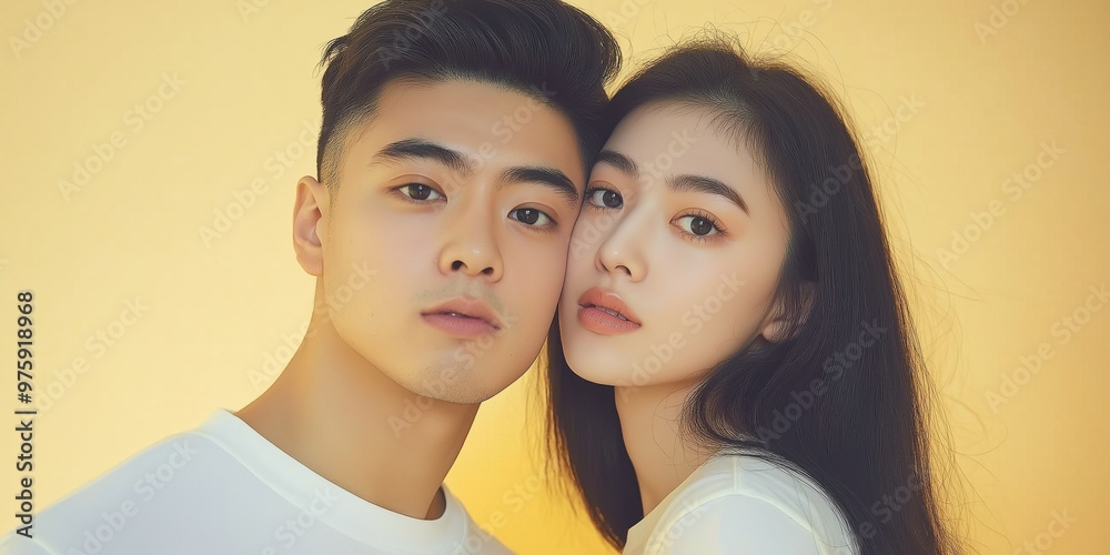 A studio close-up portrait of a young Asian couple wearing casual t-shirts, with a colourful background. A studio close-up portrait of a young Asian couple wearing casual t-shirts, with a colourful background.