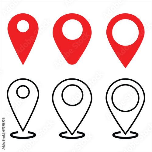 Red Location Pin Icon Set and  Location Pin Icon outline vector