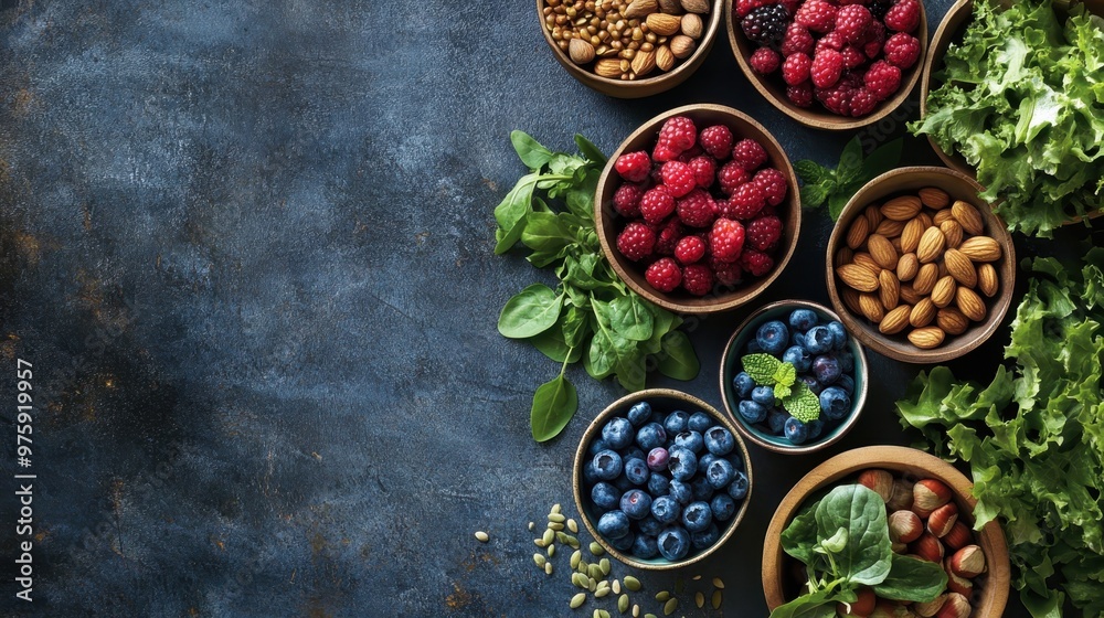 A table filled with nutrient-rich foods known for promoting longevity, like berries, nuts, and leafy greens. A table filled with nutrient-rich foods known for promoting longevity, like berries, nuts, and leafy greens.