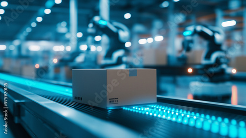 A cardboard box travels on a conveyor belt, illuminated by soft blue warehouse lighting, with smart robotic arms picking and packing in the background, showcasing streamlined order